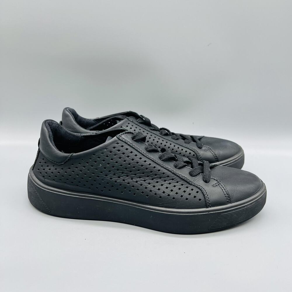 ECCO Shoes Womens 9 Black Leather Perforated Lace Up Walking Sneakers Casual